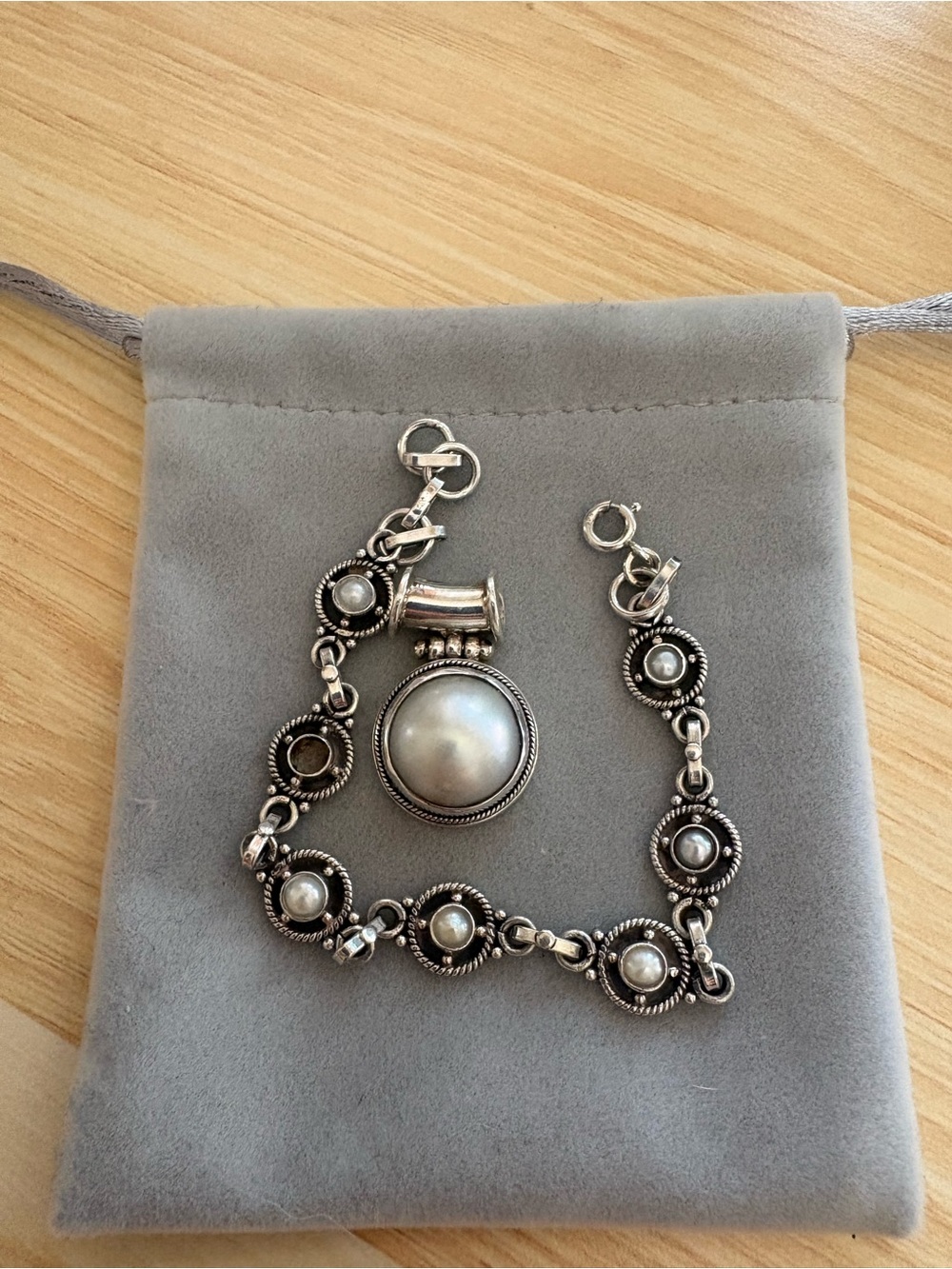 Sterling Silver Pearl Accent Bracelet with Pendant - Silver